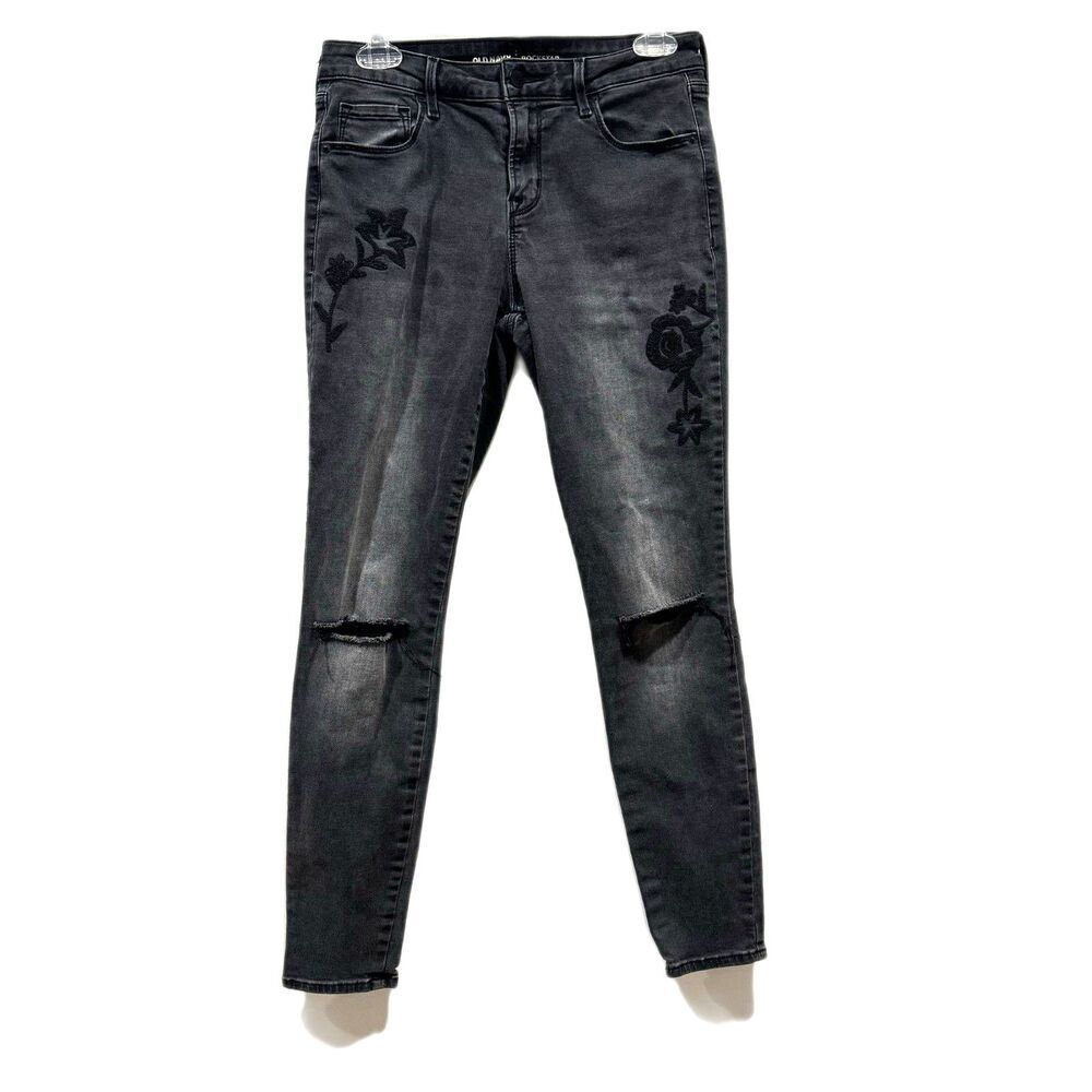 Old Navy Rockstar Jeans Mid-Rise Skinny Floral Embroidery Rips Black Women sz 6